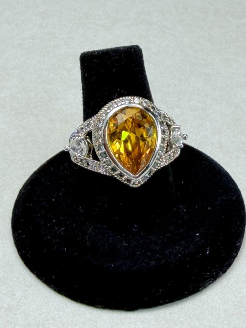 Silver Tone Citrine Glass Cocktail Ring Statement Vintage Style